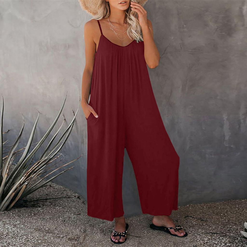 Women's Color Overalls Sleeveless Vest Pocket Casual Jumpsuit