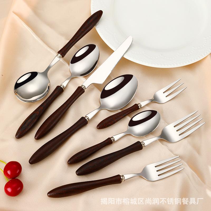 304 Stainless Steel Western Tableware Knife Fork Spoon Dessert Fork Spoon Solid Wood Handle Fork Spoon Steak Knife Restaurant