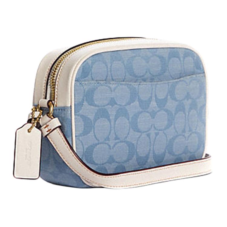 New COACH Camera Chambray Plain Weave And Smooth Cow Leather Camera Bags Crossbody Bags Mini Women's Blue & White CA732-IMUDY