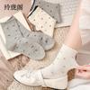 Sock Flowered Lace Socks for Spring and Summer Cotton Socks with Bows, Gray and White Mesh Breathable Women's Socks, Sweet Mid-calf Socks