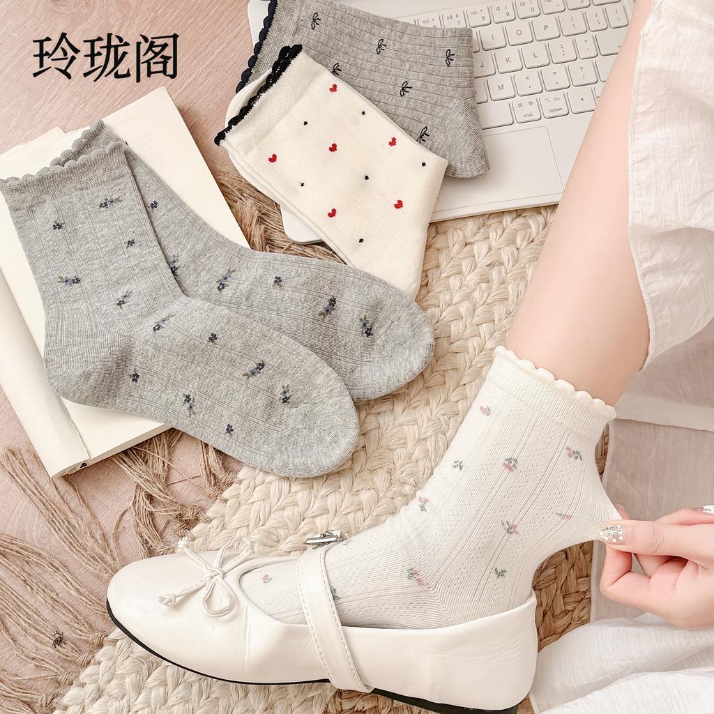 Sock Flowered Lace Socks for Spring and Summer Cotton Socks with Bows, Gray and White Mesh Breathable Women's Socks, Sweet Mid-calf Socks