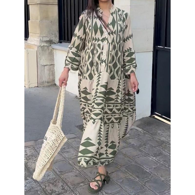 Elegante Maxi Kleid Frauen Casual Streetwear Vintage Geometrische V-ausschnitt Boho Strand Lange Lose Kleider Weibliche Vestidos Robe Ete Femme