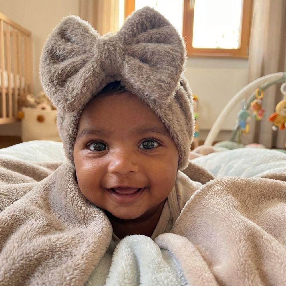 Teddy Fleece Baby Headscarf Hat Warm Newborn Autumn Winter Cap Fashion Bow Knitted Hat  Girls Boys