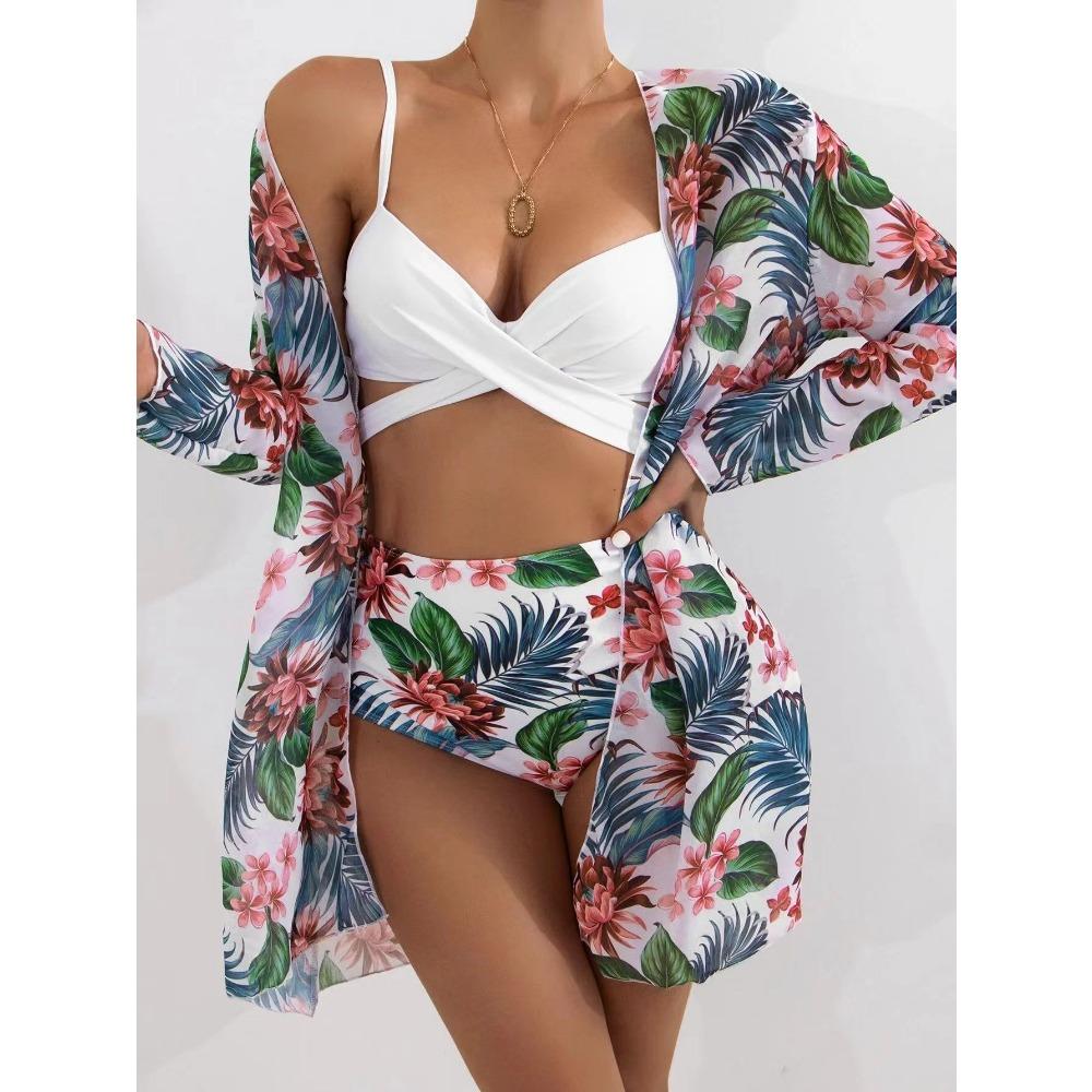 European and American Bikini Sexy Push Up Mesh Three-Piece Printed Split Swimsuit