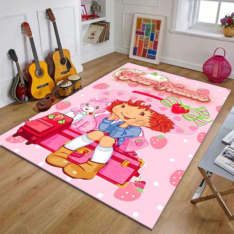 Princess Strawberry Design Area Rug Personalized Name- Non-Slip, Soft & Cozy Floor Mat for Living Room, Office - Indoor/Outdoor Carpet