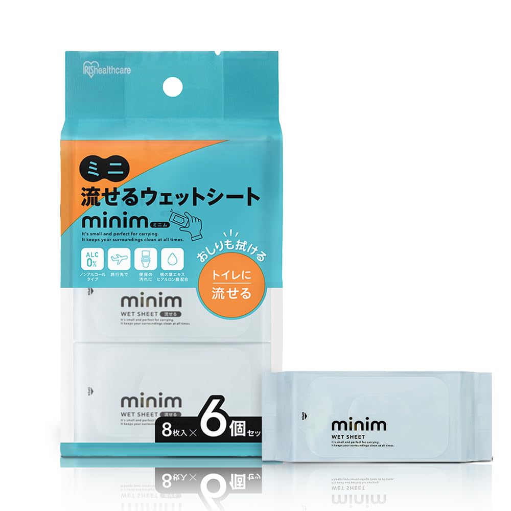 

IRIS OHYAMA Mini Flushable Wet 48 sheets sheets x 6 for and with peach leaf Wipes, (8 packs) POF-6PN, outings, emergencies, on-the-go use, extract,