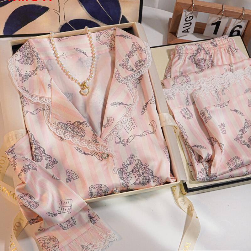 Hello Kitty Luxury Satin Ice Silk Pajama Set: Women's Sweet Print Lace Two-Piece for Spring/Fall