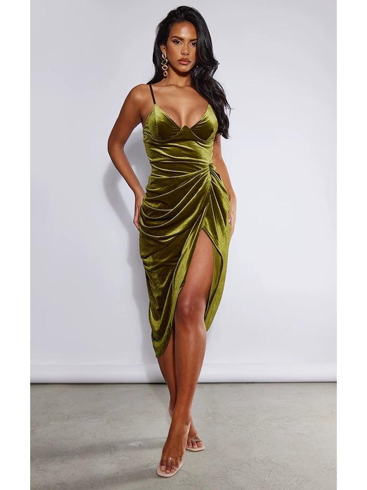 Gold Velvet Spaghetti Strap Mid-Length Slit Dress - Sexy European and American Evening Gown Extra Extra Large зелёный