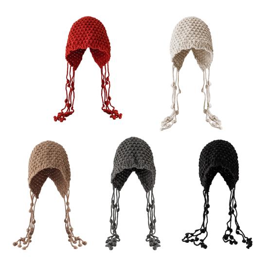 Women Crochet Slouchy Skull Cap with Tassel Handwoven Textured Knit Hat Ethnic Style Fringed Hat for Autumn Winter