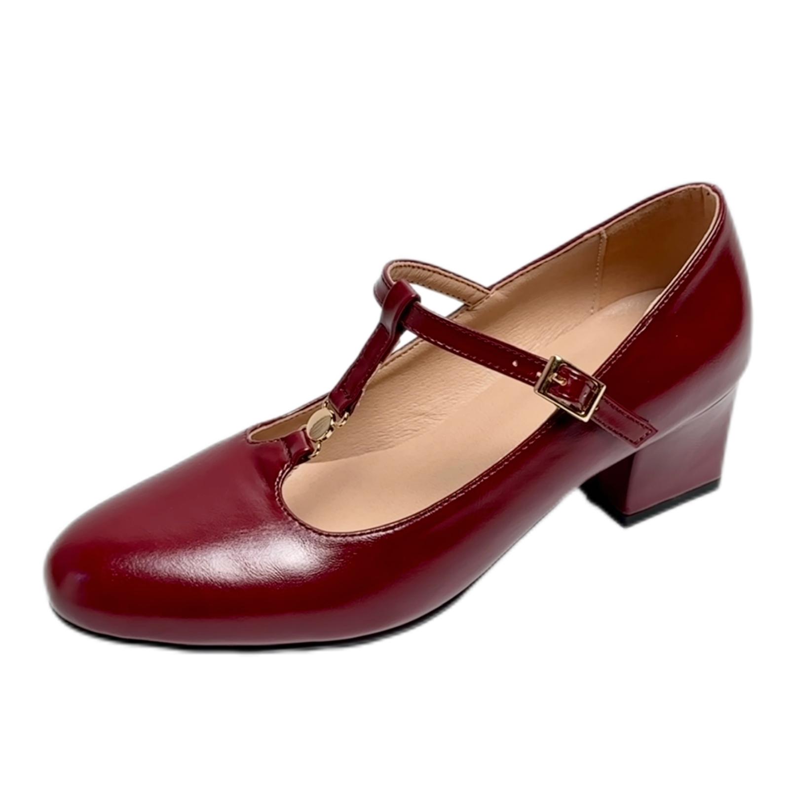 

FOREADA Women Mary Janes Pumps Round Toe Thick High Heels Buckle T-Tied Concise Ladies Fashion Shoes Spring Autumn 39 вино красного
