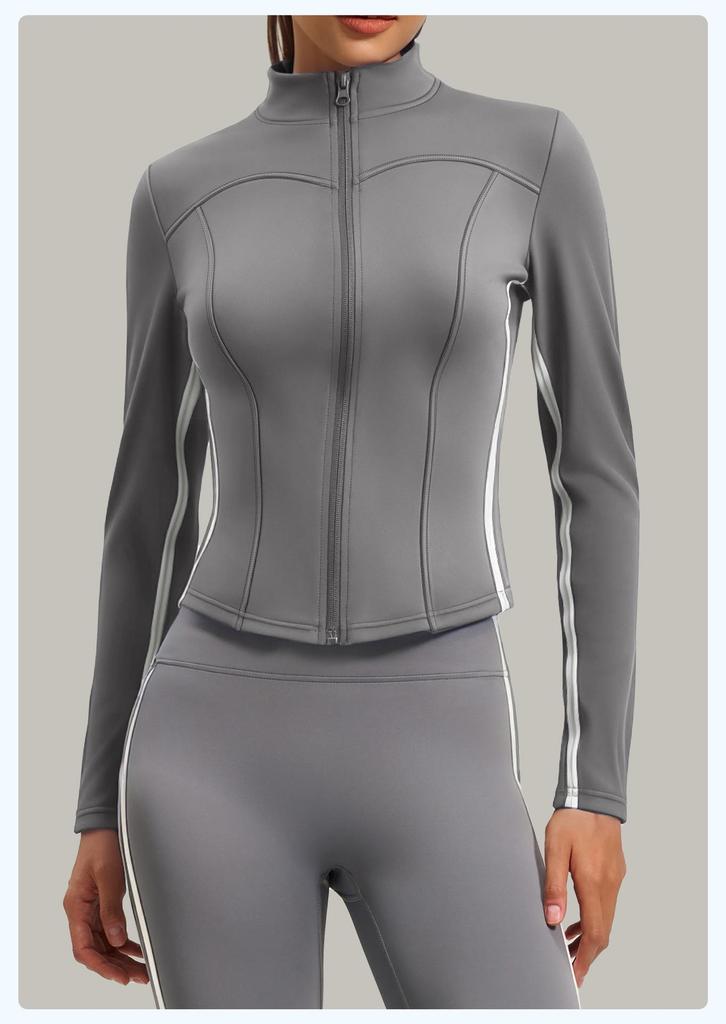 Women's Autumn & Winter Stand-up Collar Yoga Jacket, Waist-cinching Slim Fit, Long-sleeve, Outdoor Sports, Double-stitched Color-block Design.