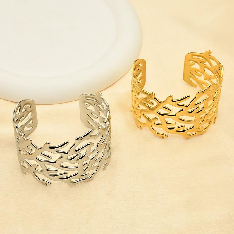 Stainless Steel C-Shape Open Bangle With Hollow Leaf Womens Bold Statement Bracelet