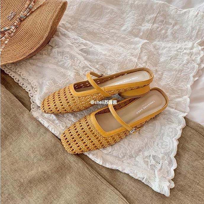 [Grape mother of the same style] Paris vacation~ square head woven thick heel bag head Mary Jane slippers women's half drag sandals