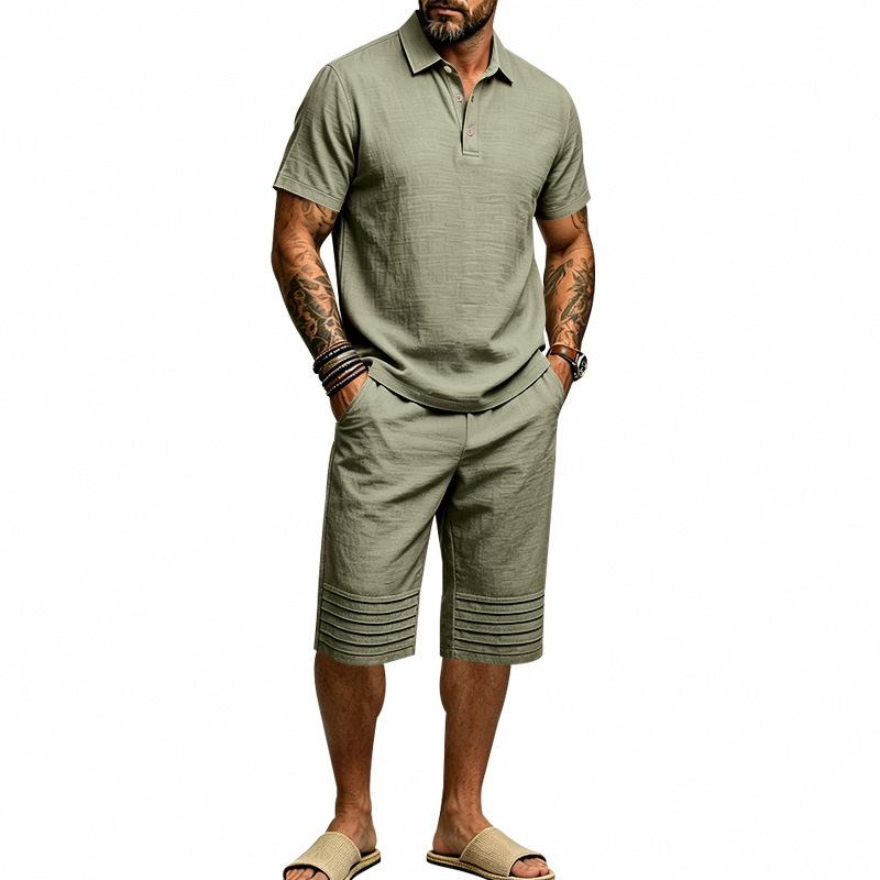Summer Men's Casual Sportswear Sets Lapel Men's Short-Sleeved Shirt and Shorts Solid Beach Set