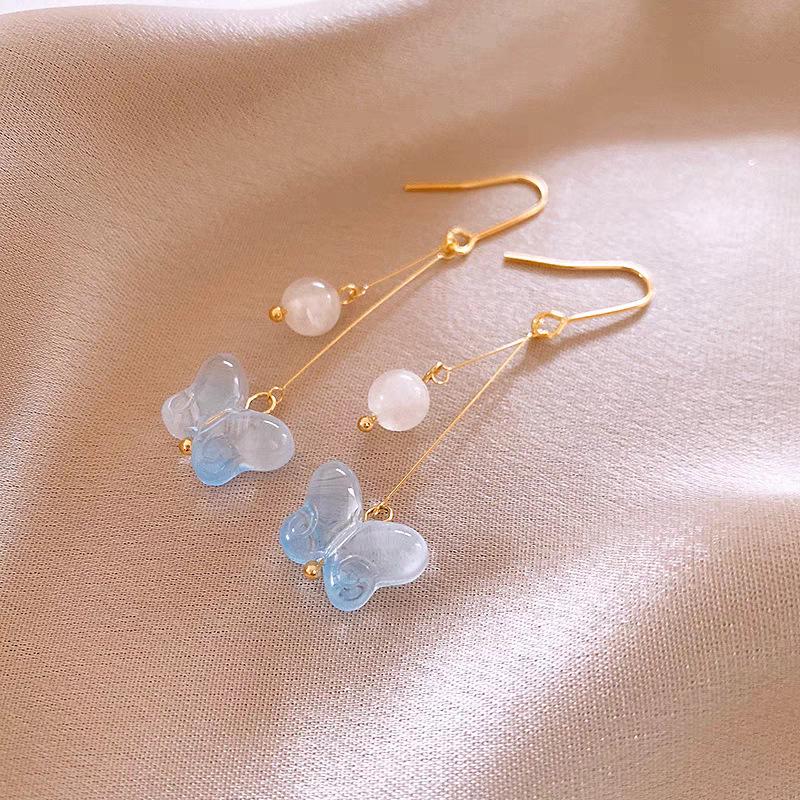 High-End Gradient Blue Crystal Butterfly Earrings – Chinese Style Long Dangle