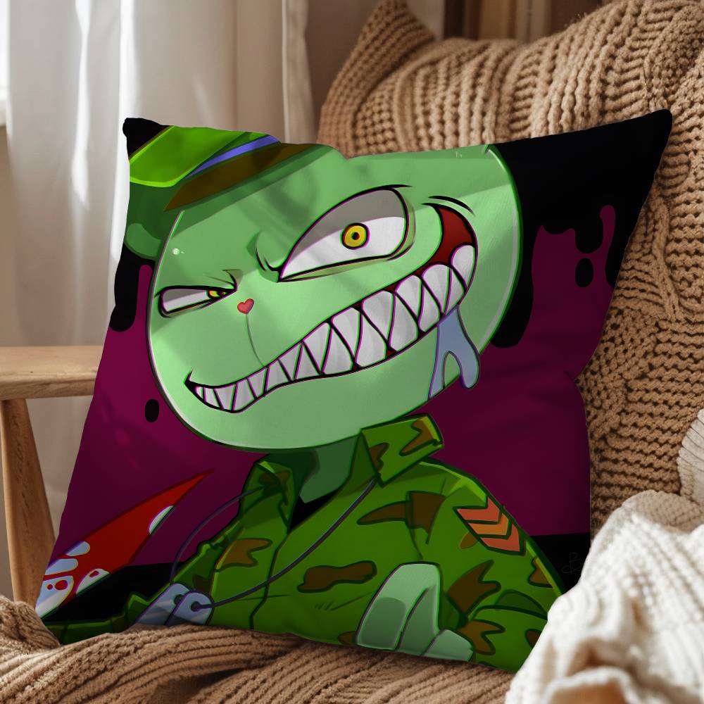 Green Cute Happy HTF Tree Friends Pillow Case Square DoubleSided Printing Short Plush Sofa Cushion Cover Bedroom Bedside Pillow