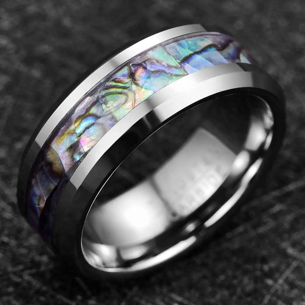 Fashion 8mm Men Silver Color Stainless Steel Rings Inlay Rainbow Abalone Shell Rings For Men Women Wedding Band  Gifts