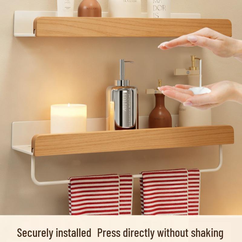 Solid Wood Cream Wall-Mounted Bathroom Storage Rack