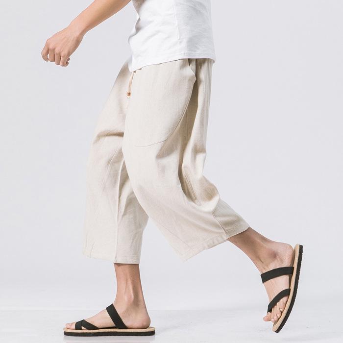 Men's Summer Loose Fit Linen Capri Pants - Solid Color, Plus Size, Chinese Style Casual Trousers