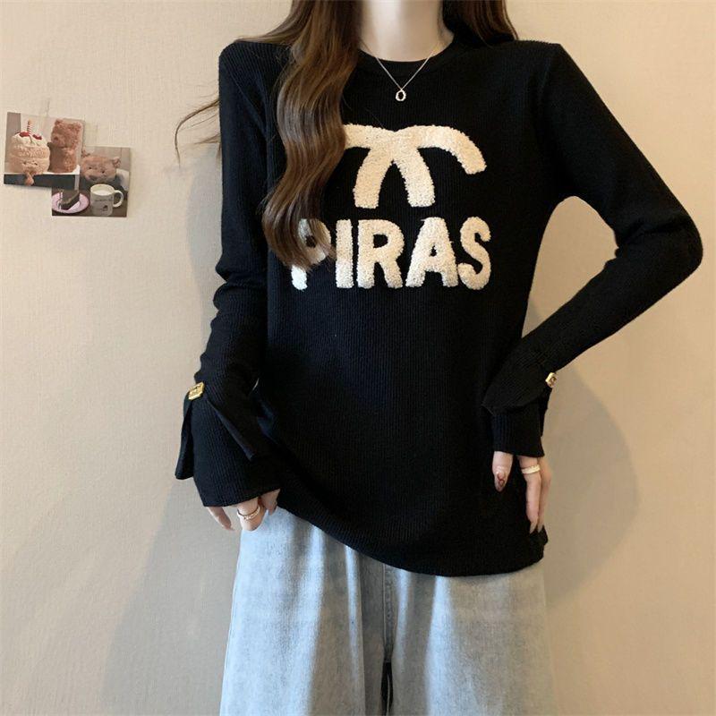Plus Size Ribbed Loose-Fit Long Sleeve Warm Base Layer Top for Women - Autumn/Winter 2025 with Trendy Embroidery. 3XL чёрный