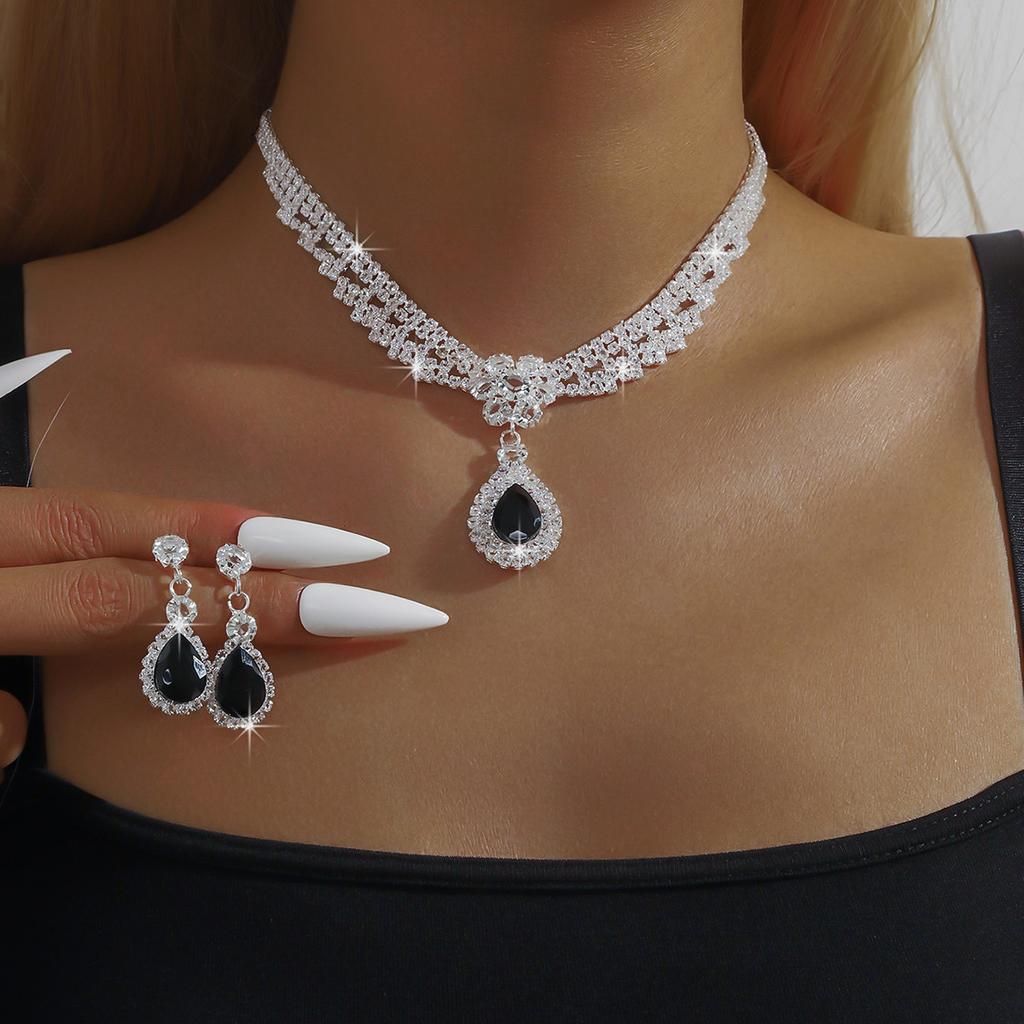 3PC Women's Fashion Copper Claw Chain Temperament Water Drop Necklace Earrings Zircon Set Wedding Banquet Party Holiday Gift
