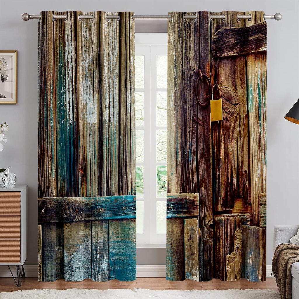 3D-Retro-Vorhänge mit echtem Holztüreffekt, 2 Paneele, geeignet für Wohnzimmer, Schlafzimmer, Küche, Balkon, europäischer und amerikanischer Wind