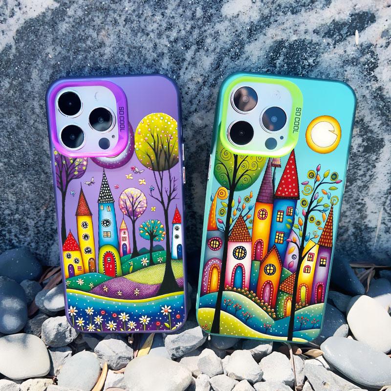Colorful Forest Town Phone Case for Iphone 16 13 12 Pro Max 13 Mini 11 15 14 Pro Max Plus Fashion Laser Shockproof Back Cover