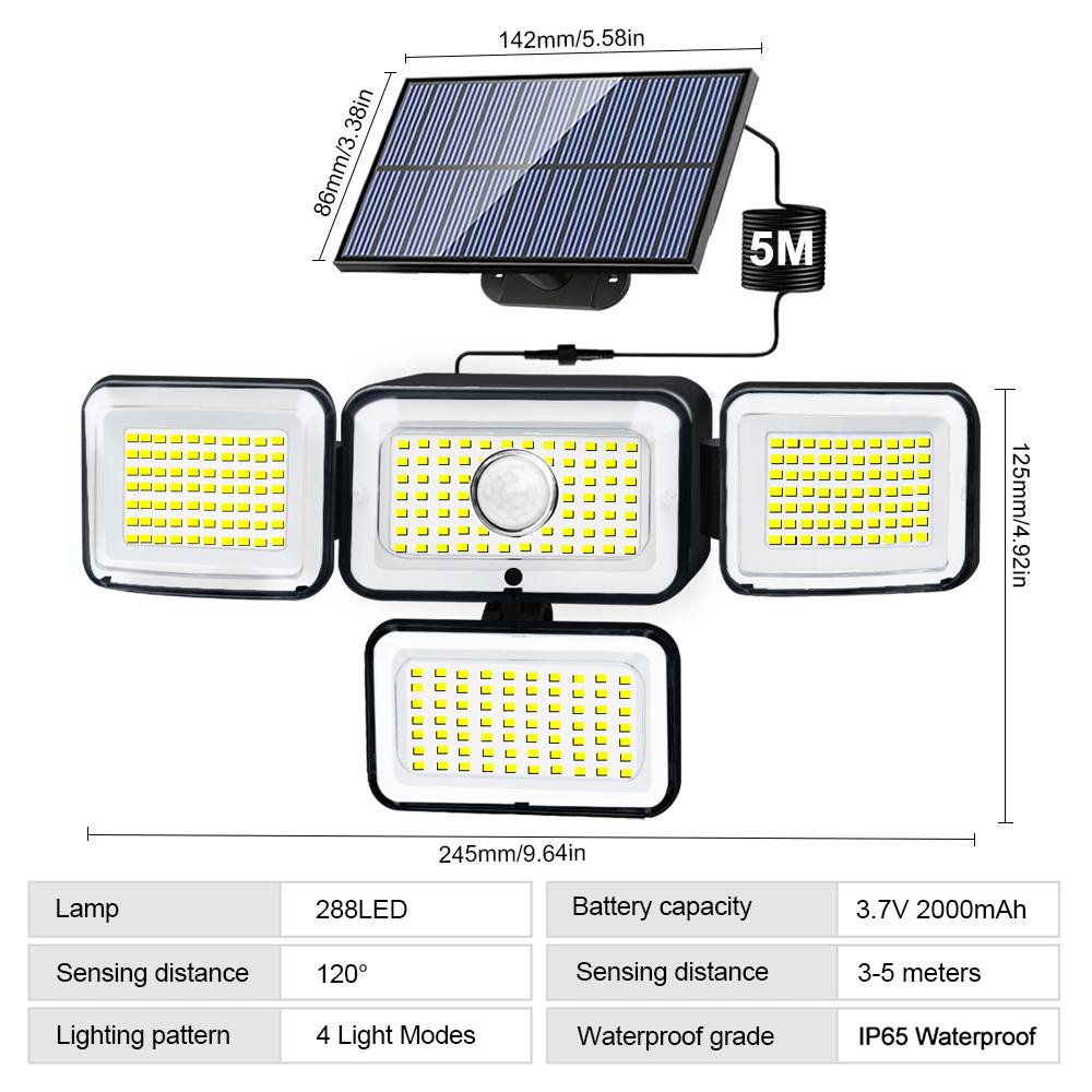 

Solar Security Lights 333/288 LED Outdoor Motion Sensor Light 4 Heads Wall Lights Waterproof Courtyard Patio Garden Garage