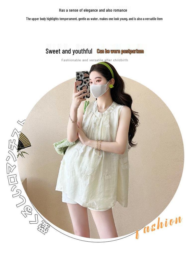 Summer Maternity Embroidered Chiffon Shirt & Tummy Support Shorts Set