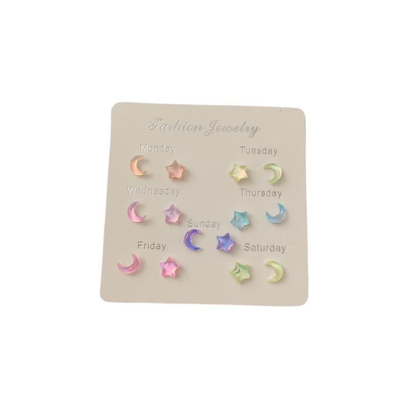 Dreamy Seven-Color Star & Moon Stud Earrings: Dainty, Sparkly Set for Fairy Girls