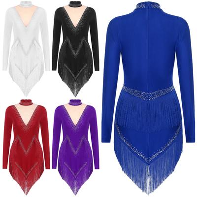 Vestido de Dança Latina Feminino S-XXL - Strass Brilhantes Gola Alta Manga Longa com Franjas & Bainha Irregular Fantasia de Palco