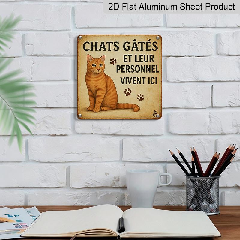 2D Flat, 1pc, Cat Lover Decor, Funny Cat Sign, Vintage Aluminium Sign, Home Wall Art, Spoiled Cats and Their Staff Live Here, Rustic Farmhouse