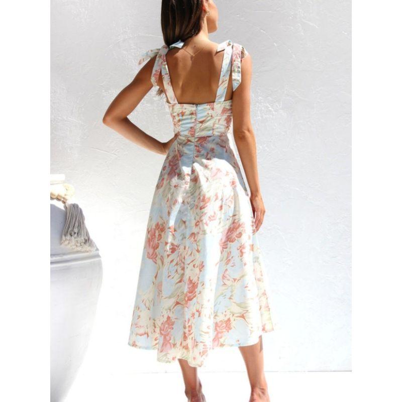 Sweet Summer New Small Floral Print Silm Slim Looking Tight Waist A- line Sling Mid-Length Dress Female Dress
