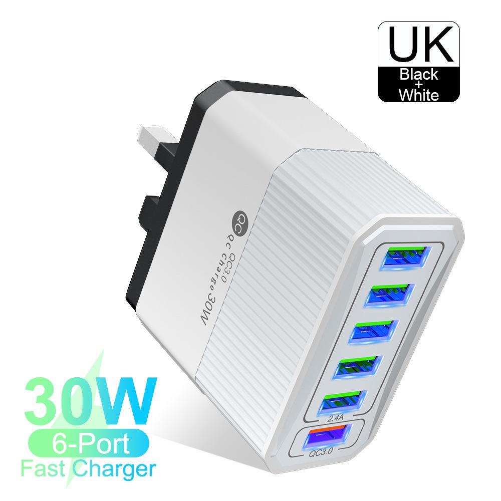 QC3.0 30W Six-Port Fast Charger with EU/US/UK/AU Plugs