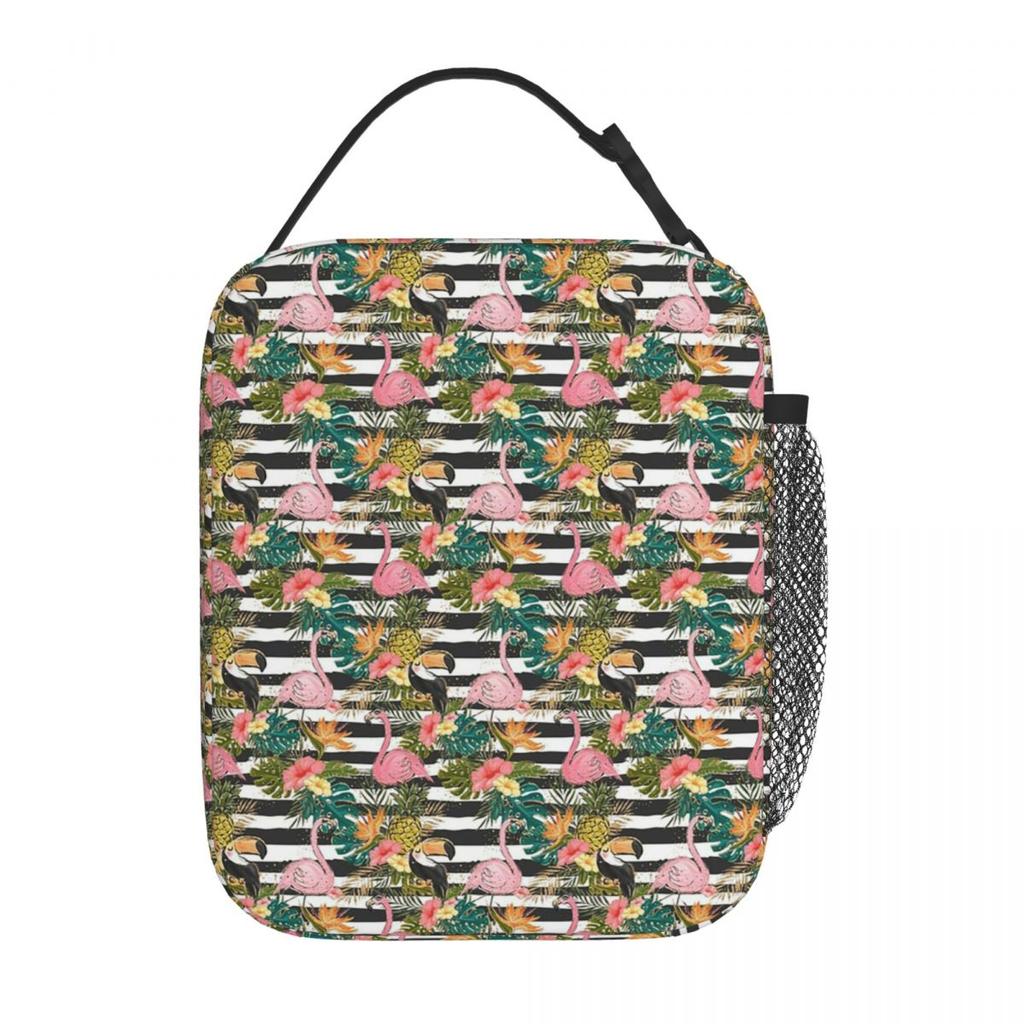 Black Striped And Cartoon Flamingo Insulated Lunch Bag for School Cooler Thermal Food Box Tote Leakproof Lunch Boxes Container