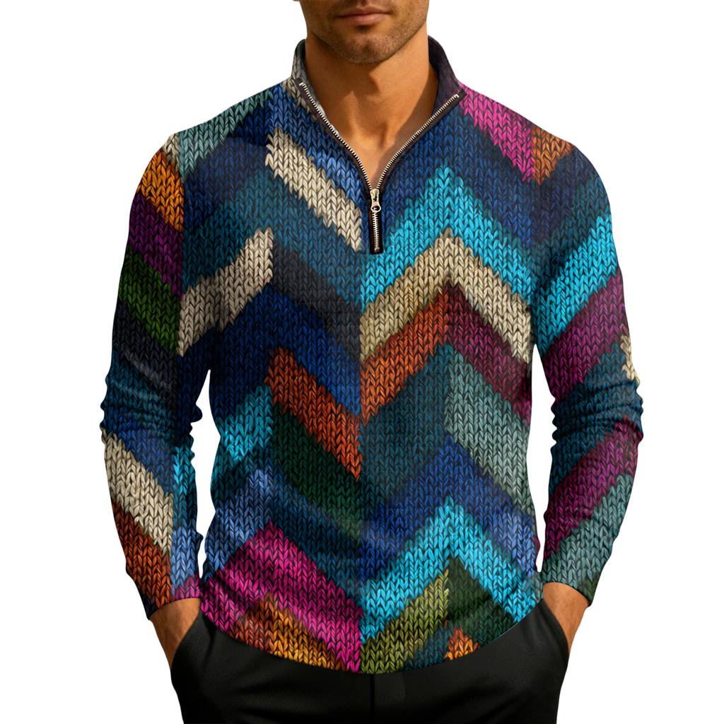 Herrstickad tröja med kvartslång dragkedja och ståkrage