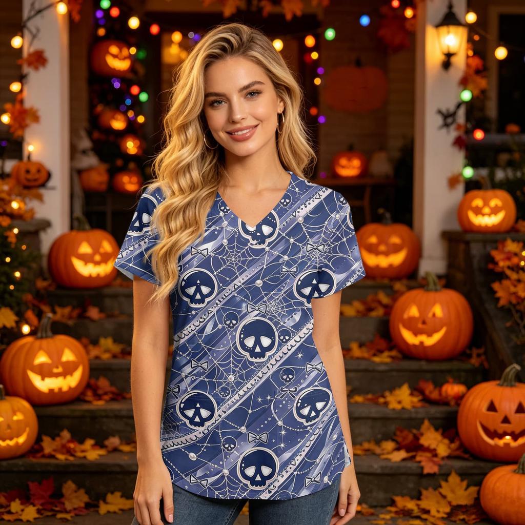 Women's V-Neck Short Sleeve Scrub Top with Pockets Halloween Print Caregiver Work Shirt