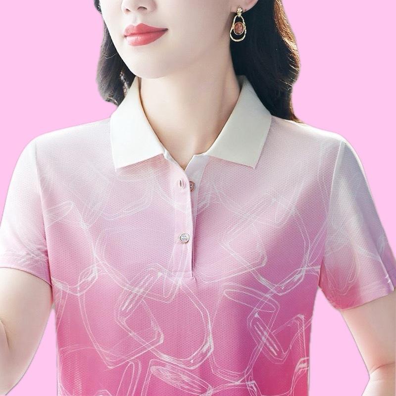 Women Short-sleeved T-shirt Summer New Mother Printed Color Polo Shirt Top Large Size Lapel T-shirt Summer Clothing
