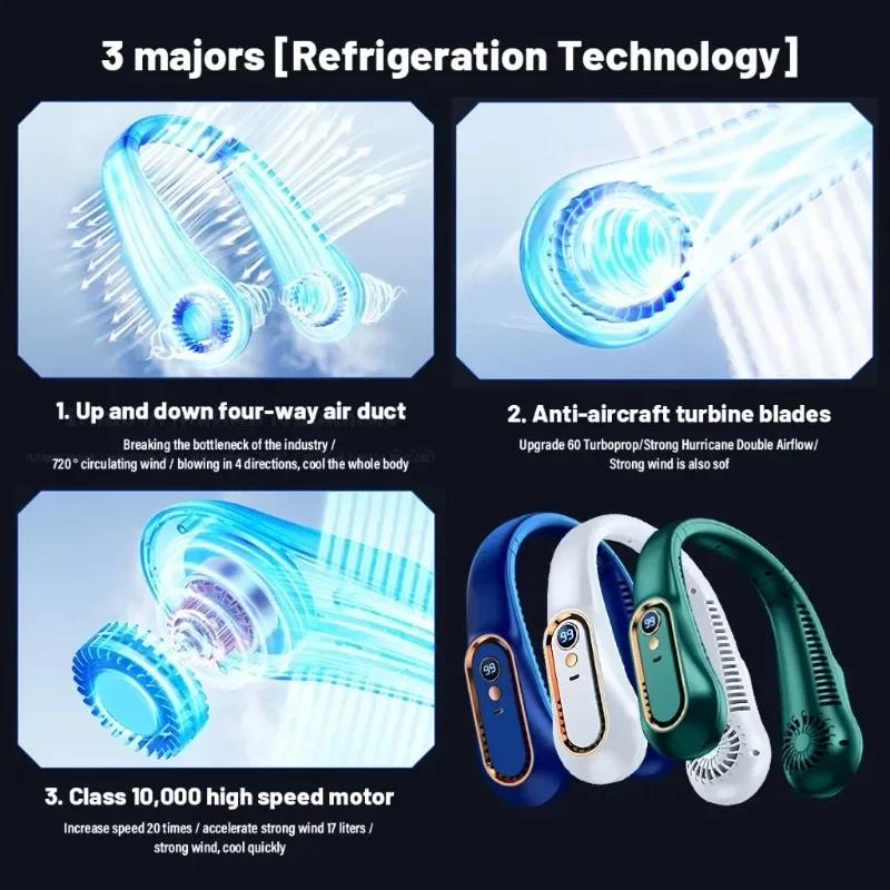 1PCS 5 Gears Hanging Neck Fan 720 ° Circulating Air Outlet Smart Digital Display 7000mAh Long Battery Life For Fitness City Walk