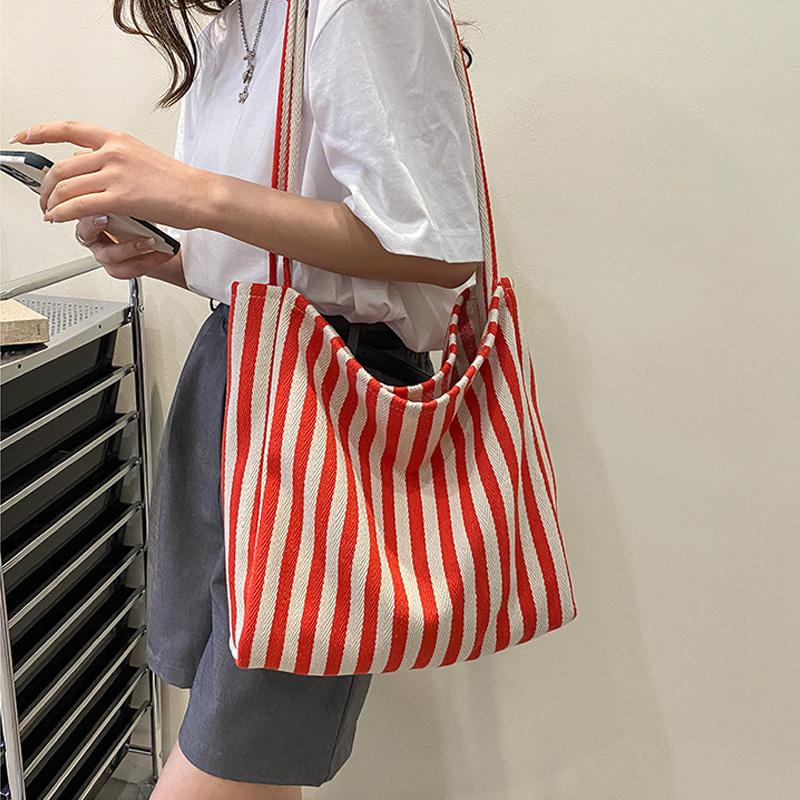 Large Capacity Striped Tote Bag Korean Retro Minimalist Nylon Shoulder Bag for Women Shopping