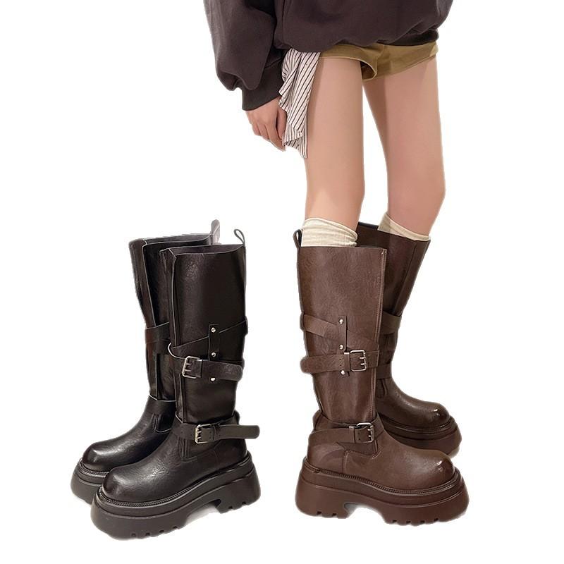 Men knähöga stövlar barn 2025 nya höst sammet höga riddarstövlar mångsidiga bältesspänne tjocksulade stövlar