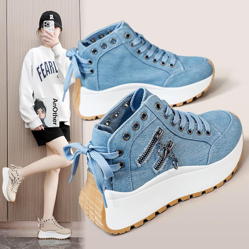 Campus Canvas Shoes for Women, Summer High-top Shoes, Height-increasing Denim Sneakers