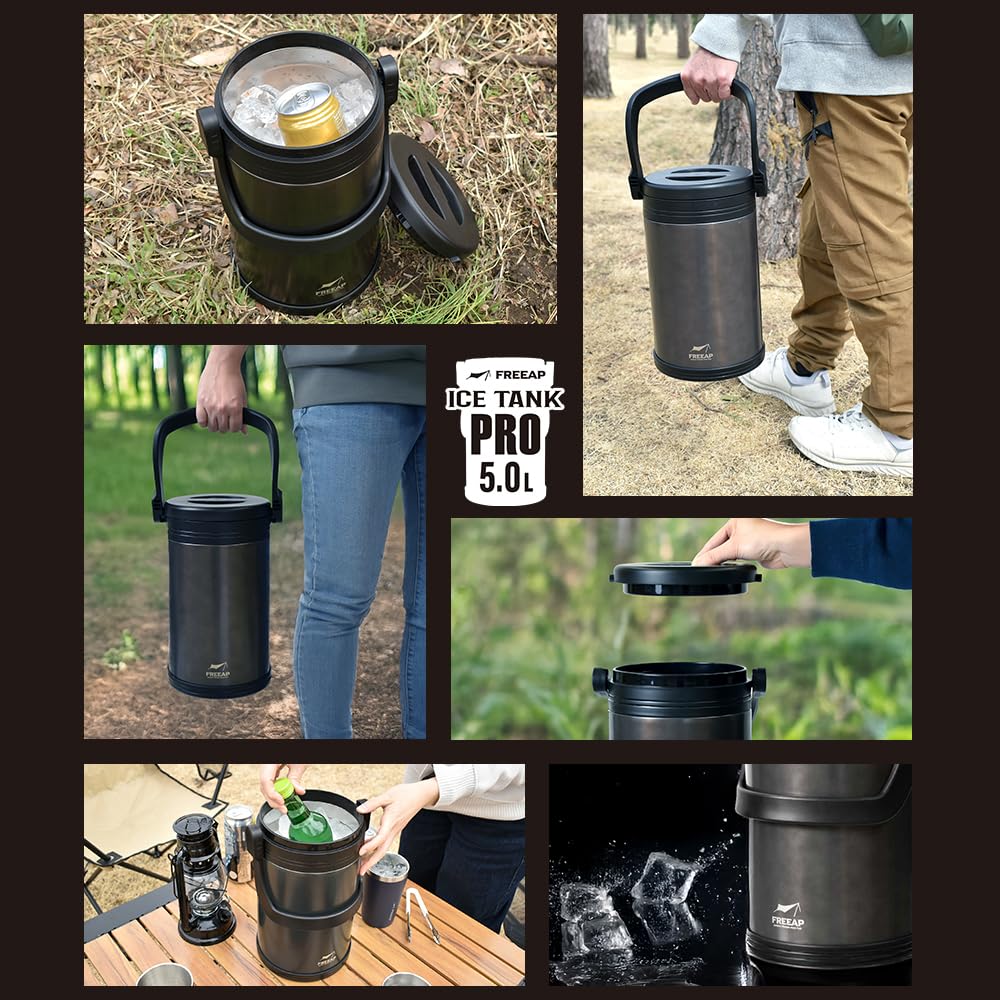 FREEAP Ice Container with Silicone Metallic Gray Stainless Camping Park Lane Ice Jug Cover, Steel, (Metallic Gray, 5.0L)