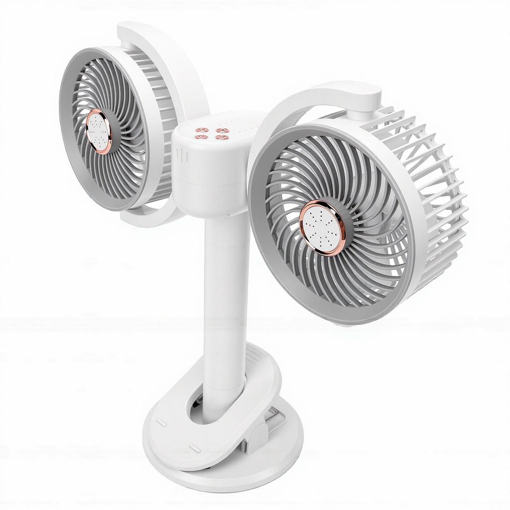 Dual Head Desk Fan USB Charging 360 Degrees  Rotation Adjustable Height Night Light Portable Dual Head Clamp On Fan