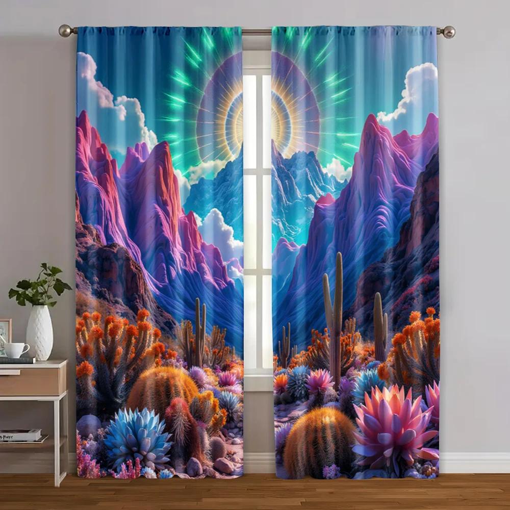 2pcs   Window Curtain  print Psychedelic Mountain Durable 100% Polyester Fabric (without rod) Holiday Use for Bedroom   Living