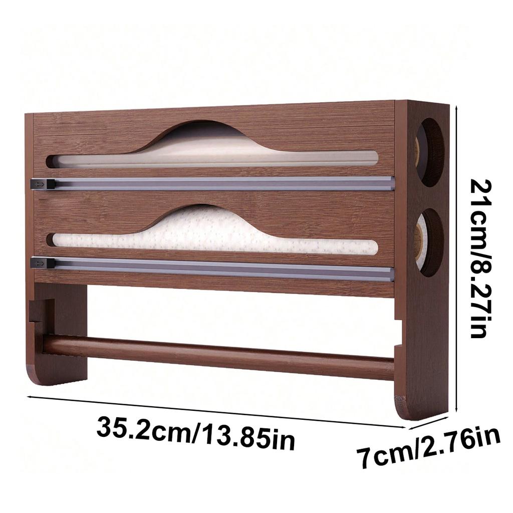 Bambus 2 Fach Frischhaltefolie Zinn Folie Cutter Box mit Küche Papier Wand Montiert Papier Handtuch Organizer