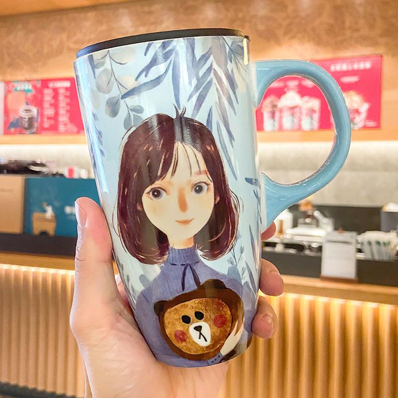 600ML Japanese Style Large Drinking Cup With Lid Small Fresh Ceramic Breakfast Mug for Girl Birthday Gift
