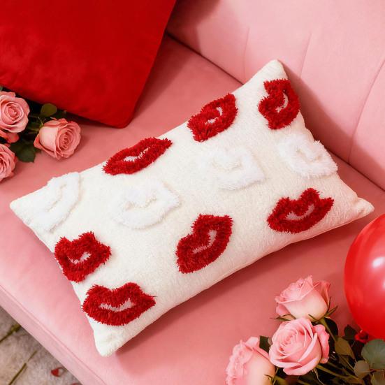 Valentinstag Kissenbezug Rot Plüsch Lippenmuster Wurfkissenbezug Weicher dekorativer Kissenbezug für Sofa Bett Zuhause Jubiläumsdeko