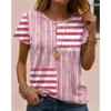 Fashion Women Retro Creative Striped Splicing Print T Shirt Funny Casual O-neck Short Sleeves T-shirt Summer Female Tee Shirt
