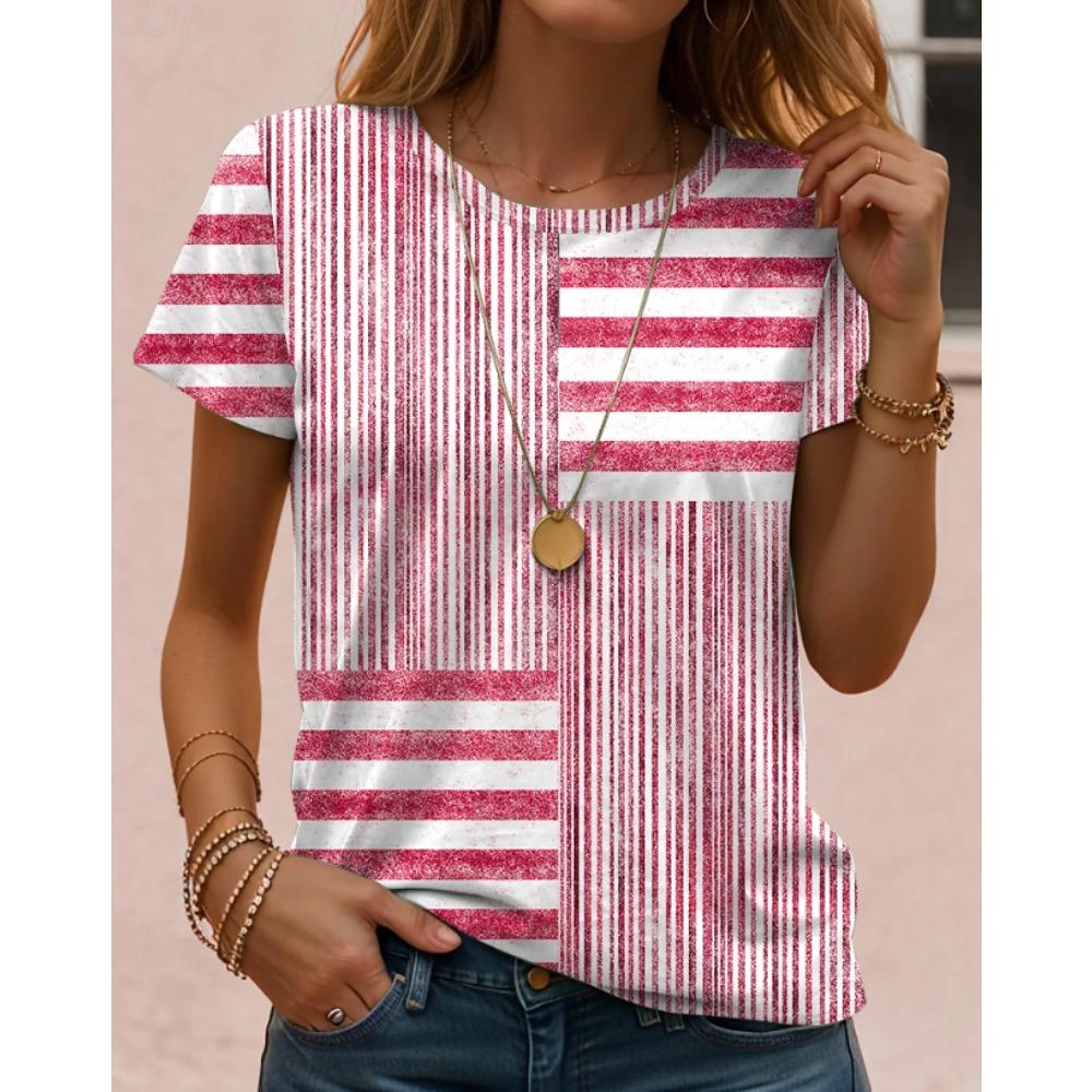 Fashion Women Retro Creative Striped Splicing Print T Shirt Funny Casual O-neck Short Sleeves T-shirt Summer Female Tee Shirt